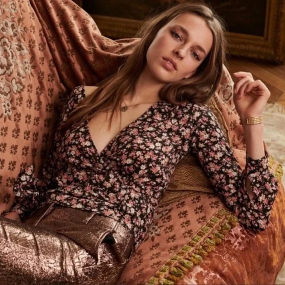 Sezane Floral Long Sleeve Wrap Top, Size 12